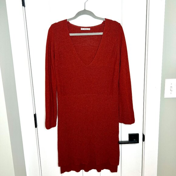 Zara Knit Rust Orange Brown V-Neck Knit Boho Linen Blend Sweater Dress Small - Picture 1 of 6